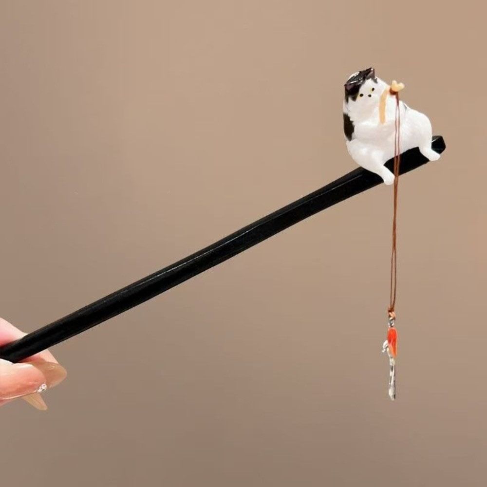 Chinese Style Cat Fishing Hair Stick Tassel Hanfu Hairpin Retro Wooden Hair Stick Girl