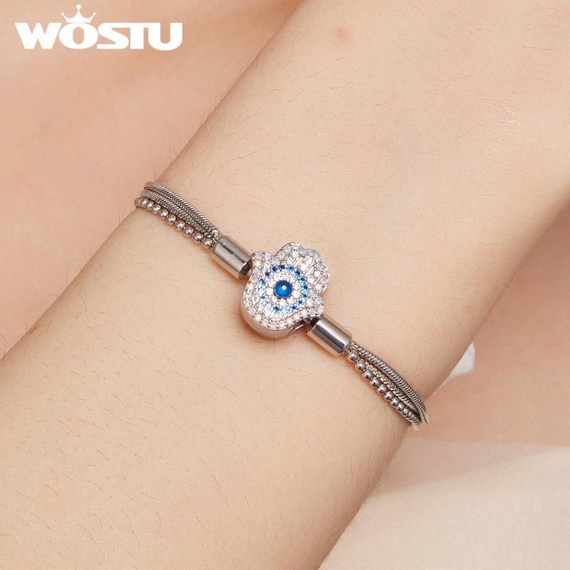 WOSTU Pulseira de corrente básica de prata esterlina 925 com mão de Fátima e corrente de cobra empilhada para mulheres, pingentes faça você mesmo, joias finas de zircônia azul