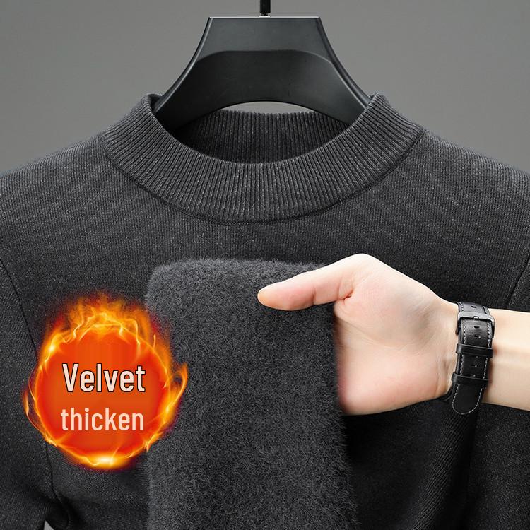 Men's Thick, Warm Knitted Sweater - Fleece-Lined, Half-High Collar, Long Sleeve, Solid Color Winter Base Layer.