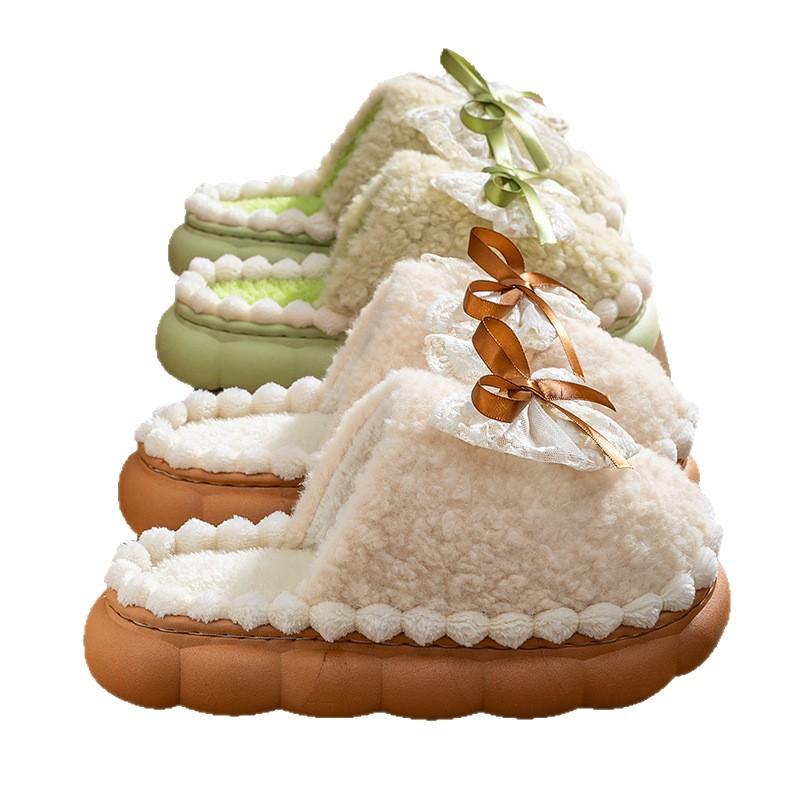 Thick-bottomed Cotton Slippers Women's Winter 2025 New Indoor Home Non-slip Warm Bow Plush Slippers Women's Winter