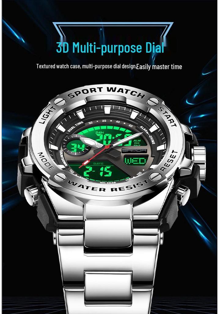 Sanda Dual-Display Leuchtende Wasserdichte Schüleruhr mit 3 Zeitzonen.