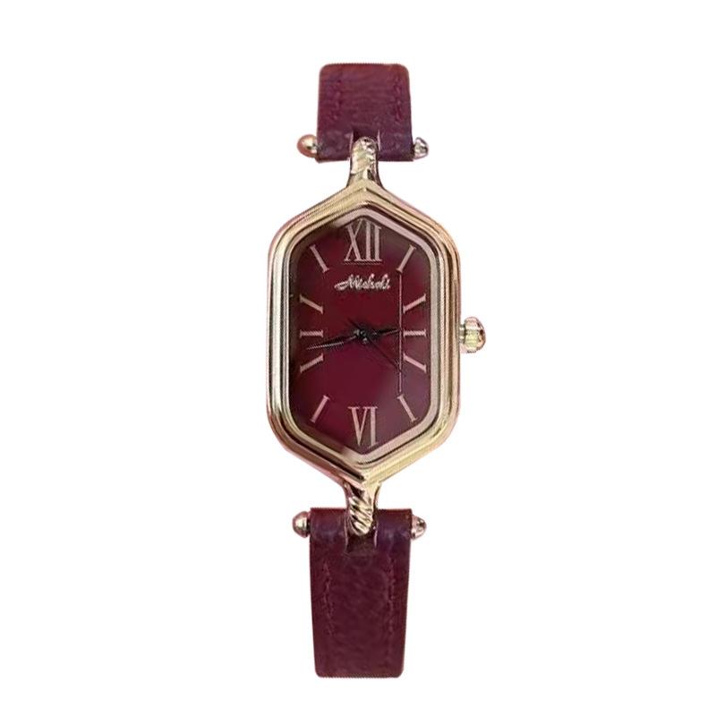 Niche Light Luxury Belt Women's Watch Retro Feeling Small Square Women's Watch Medium Antique Angora Red