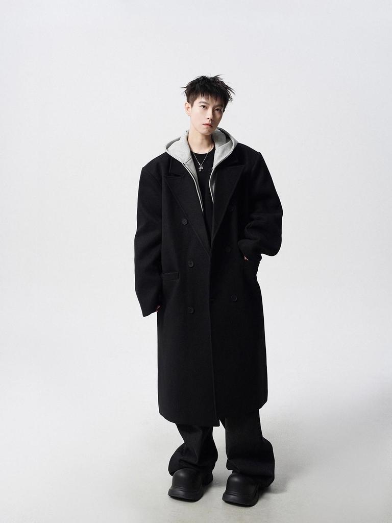 Men's Black Wool Trench Coat - Korean Style, Mid-Length, Over-the-Knee for 2025 Spring/Autumn