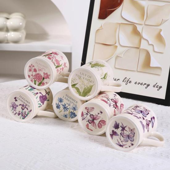 380ML Ceramic Coffee Mug Retro Vintage Floral Drinking Mugs Hand-Painted Floral Butterfly Pattern Tea Cup with Handle Gift for Women Girls