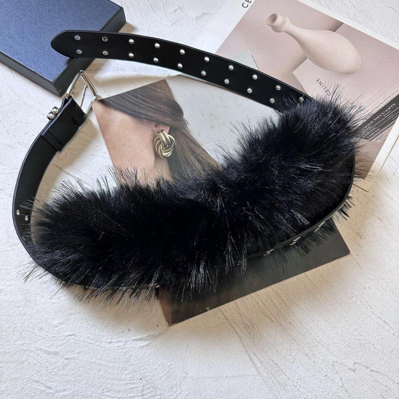 New Retro Punk Y2K Fluffy Faux Fur Waist Belt Women Fashion Accessories Pu Leather Waistband Gothic Style
