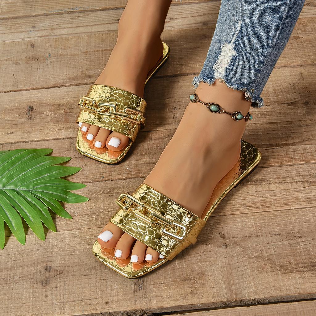 Fashion 2025 Summer Flat Bottom Women's Slippers Trend Fashion Outdoor Beach Golden Chain Design Flip-Flops Square Toe Open Toe Slippers