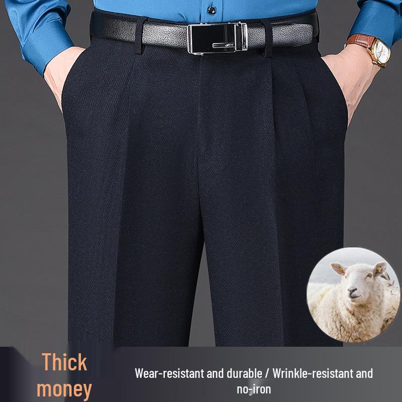 Herren Wollfleece-Hosen mit hohem Bund: Herbst/Winter, Doppelfalte, Lockerer Schnitt, Gerades Bein für mittleres und älteres Alter.