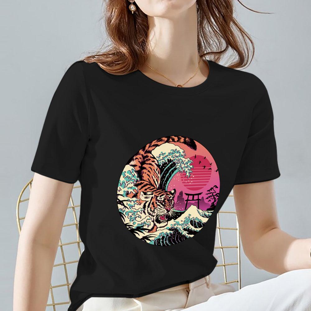 Îmbrăcăminte pentru femei Tricou Topuri Moda Casual Desene animat Japonez Portocaliu Pisica Model Imprimare Subțire Gât rotund Commuter Tricou negru