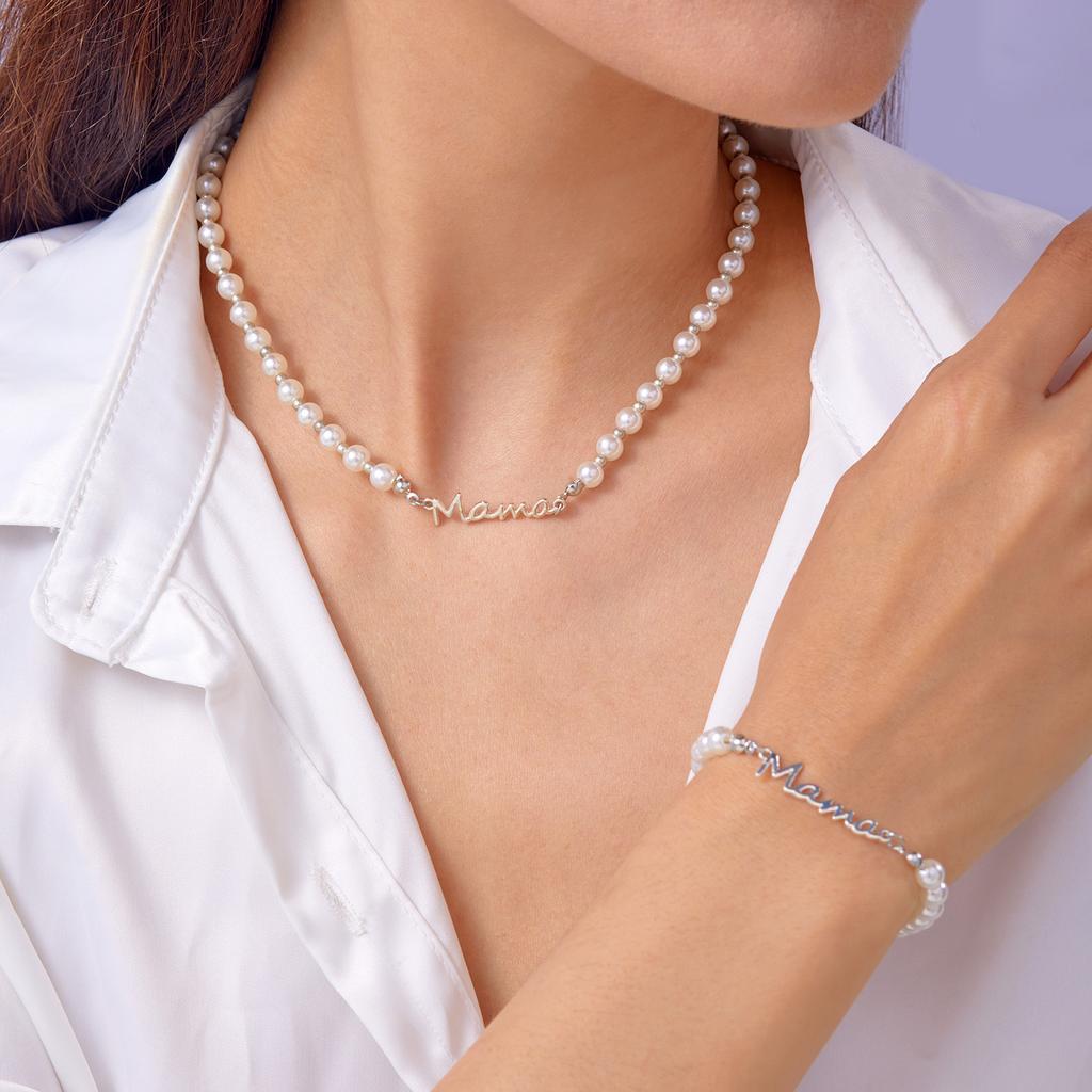 Mother's Day Mama Letter Jewelry Set, Imitation Pearl Necklace Bracelet, Daily Fashion Gift for Mom