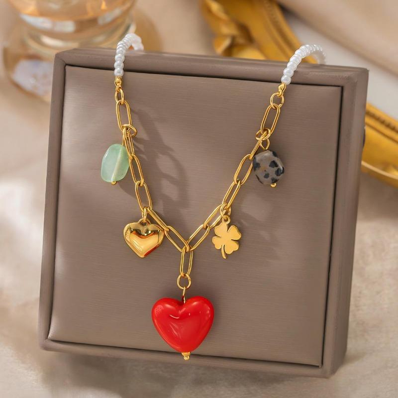 K Gold Plated Stainless Steel Leaf Red Heart Multi Pendant Necklace For Women