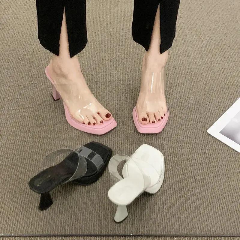 Slides Women's Slippers and Ladies Sandals White Outside Transparent Job Shoes Pink Heeled Open Toe Wholesale Comfortable Elegan