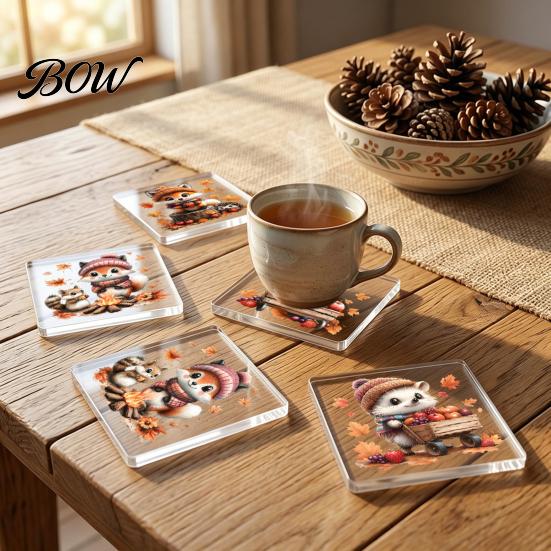Double Sided Printed Drink Coasters 4Pcs Maple Leaf Squirrel Acrylic Coaster, 2D Reversible Cup Mat for Coffee Halloween Brain Pattern Table