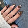 24-Piece Almond Rhinestone French Dark Brown Leopard Flower Print False Nails