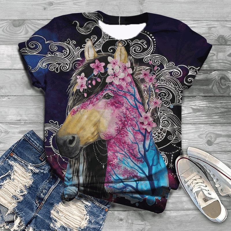 New Women T-Shirts Horse 3D Print Women's Round Neck Short Sleeve T Shirt Animal Graphic Tees Harajuku Y2K Tops Female Clothing