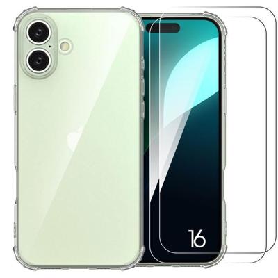 Protective Case - Silicone - for iPhone 16 - 4 Reinforced Corners - 2 Tempered Glasses - Transparent