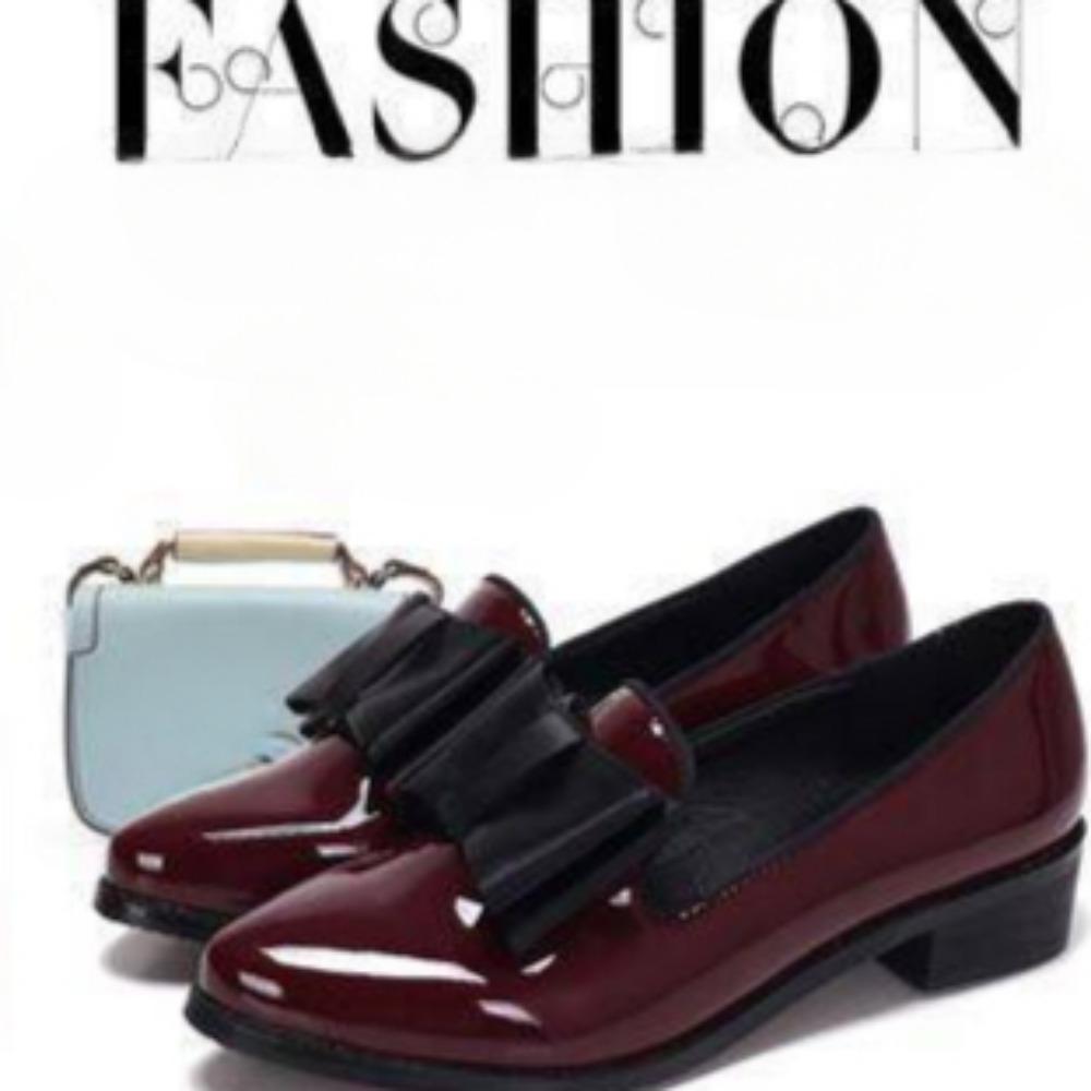 Bow Women Flats Shoes Patent Leather Ballerina Shoes Low Heels Female Loafers Pointed Toe Dress Woman Shoes