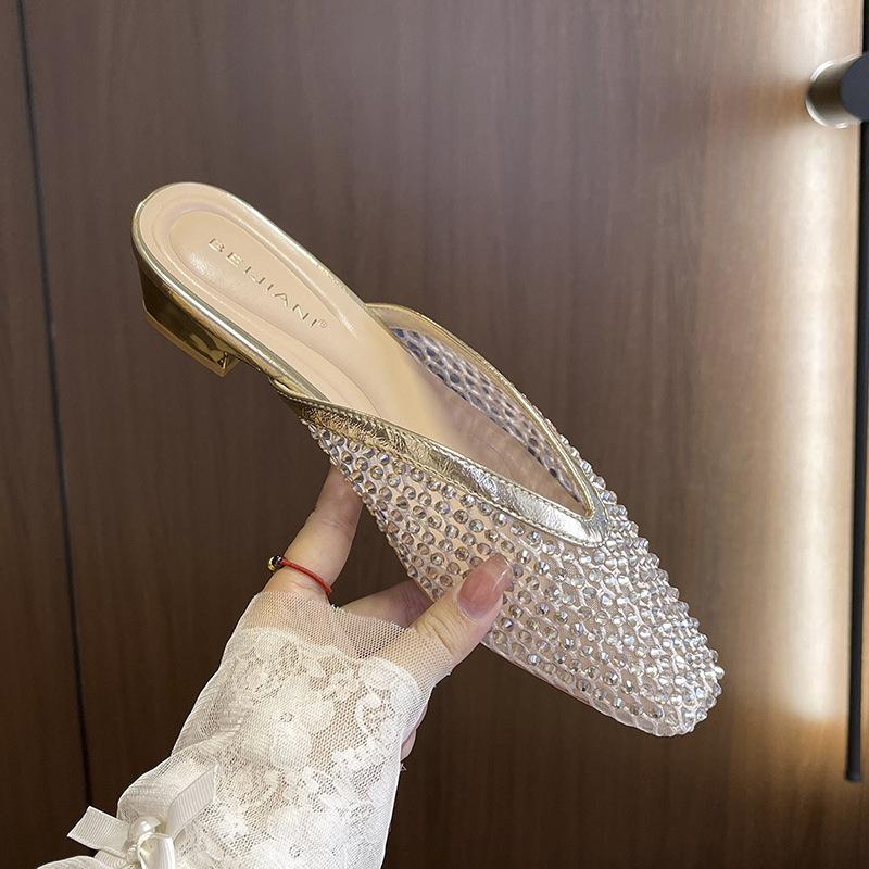 

Сказочный ветер прозрачные стразы полые полушлепанцы женские толстый каблук низкий каблук сумка голова сандалии летняя одежда юбка 40