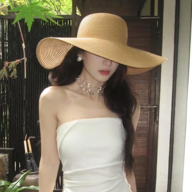 Hepburn style woven big brim straw hat women's summer seaside vacation beach sunshade sun protection versatile sun hat