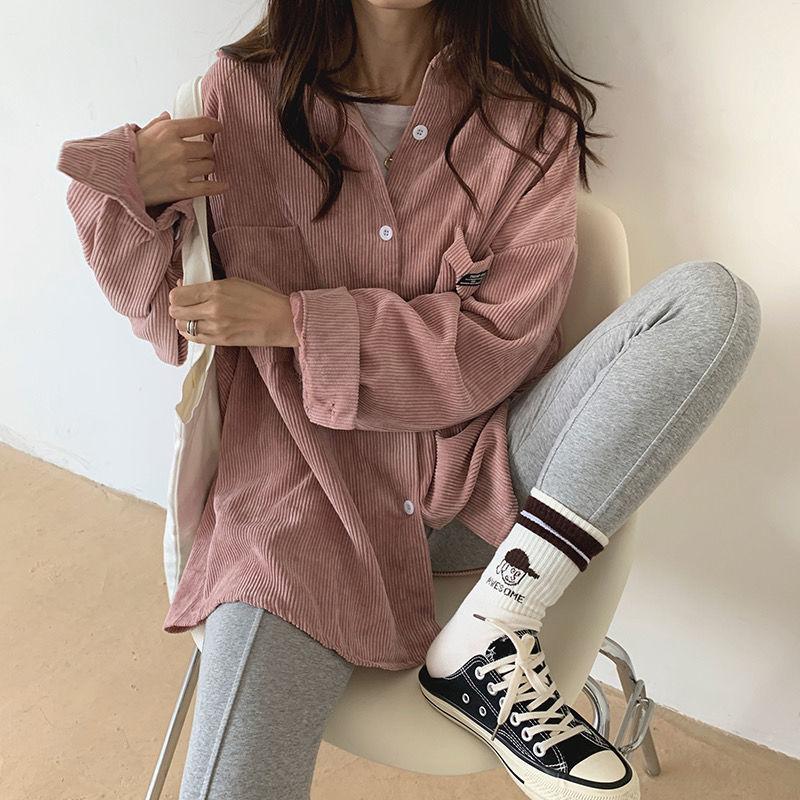 Sztruksowa koszula damska długie kobiece luźne topy kość słoniowa różowy płaszcz na co dzień z kołnierzykiem i długim rękawem