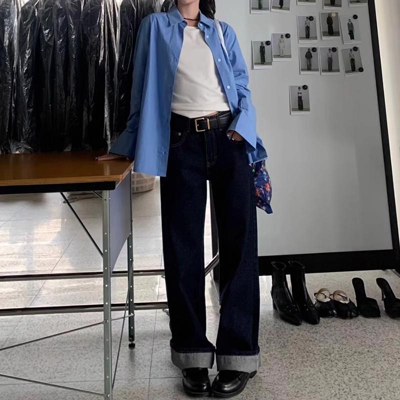 JIAMU Unisex Volné džíny s rovnými nohavicemi - Vysoký pas, Zeštíhlující, Vintage tmavě modrá džínovina