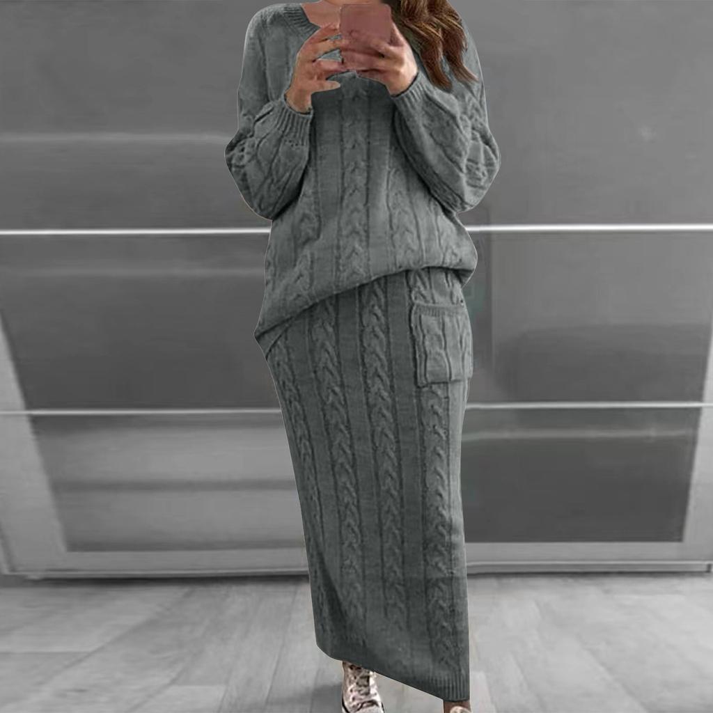 Women Autumn Winter Twist Crop Sweater Hip Skirt Knit Set for Laides Solid Color Slim All Match Two Piece Set