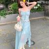 French Sexy Suspender Dress Summer Waist Skinny Seaside Holiday Beach Irregular Long Dress