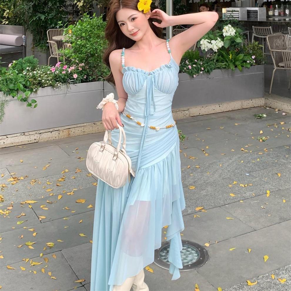 French Sexy Suspender Dress Summer Waist Skinny Seaside Holiday Beach Irregular Long Dress