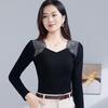 Herbst V-Ausschnitt Langarm Bestickt Strass Stretch Baumwolle Damen Top