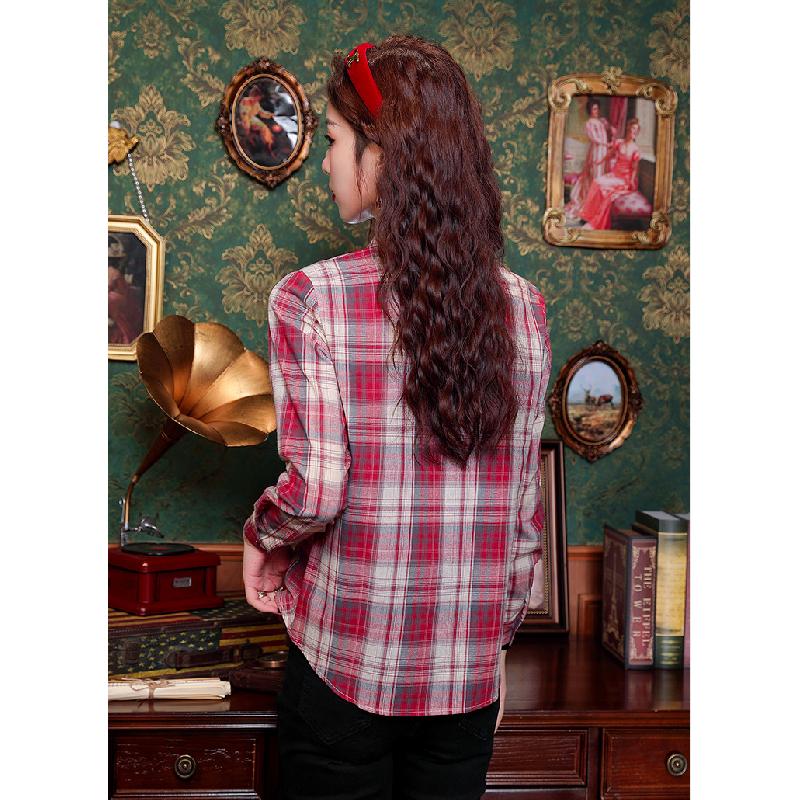 Women's long-sleeve plaid shirt 2026 new Korean style fashion design slim casual top