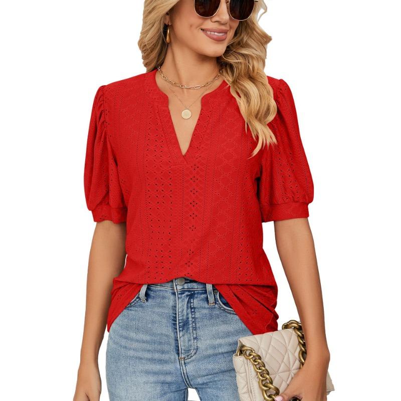 Summer Casual V-neck Solid Color Hollow Bubble Sleeve Loose T-shirt Top for Women Shirt