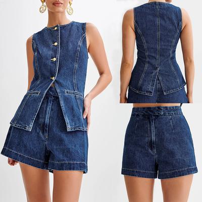 Summer Women's Denim Shorts Suit Sleeveless O Neck Single Breasted Split Vest High Waist Wide Leg Shorts Lady Sets