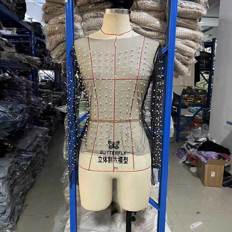 Mesh Transparent Blouse Top Hot Drilling Pearl Top Elastic round Neck Mesh Transparent Cover up