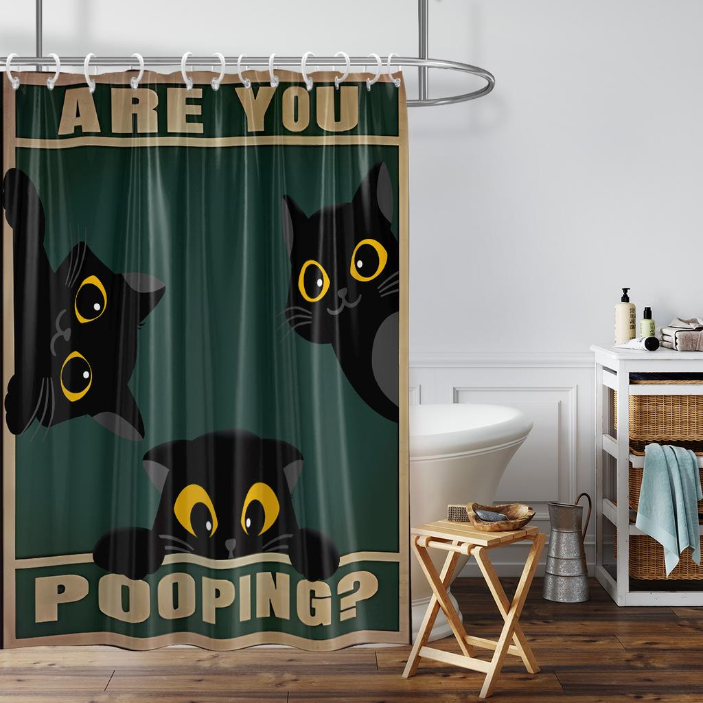 1PC Cute Black Cat Pattern Printed Shower Curtain, Waterproof, Washable, with 12 Hooks, Bathroom Shower, Bathtub, Home Use
