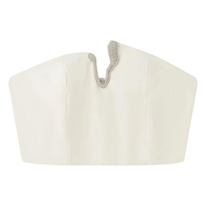 Summer Women's Rhinestone Open Design Tube Top Vest Tops + Slim Looking High Waist A- line Skirt Suit