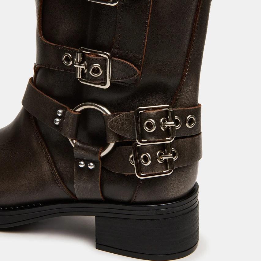 Autumn and winter new retro punk knight boots thick heel round head belt buckle medium boots