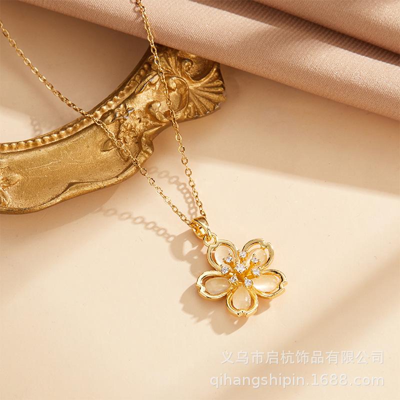23 Opal Five-Petal Flower Necklace Women'S Fresh And Natural Versatile Exquisite Pendant Collarbone Chain Accessories