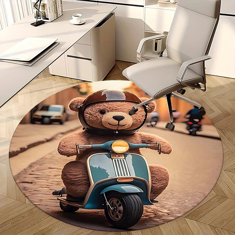 1pc Teddy Bear On Scooter Round Carpet - Anime Design, Office Chair Mat, Non-Slip Rug, Seasonal Gift, Suitable for Home Decor, Living Room, Bedroom, G
