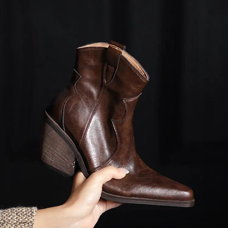 Fashion NEW Autumn Women Boots Split Leather Shoes for Women Pointed Toe Chunky Heel Shoes Slip-on Ankle Boots Retro Black Western Boots