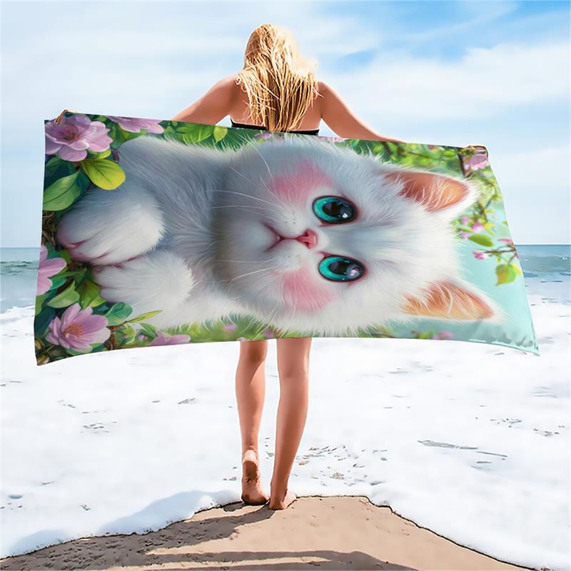 1PC  Cute White Cat Print Beach Towel, Quick Dry Sand Free Oversized Towel