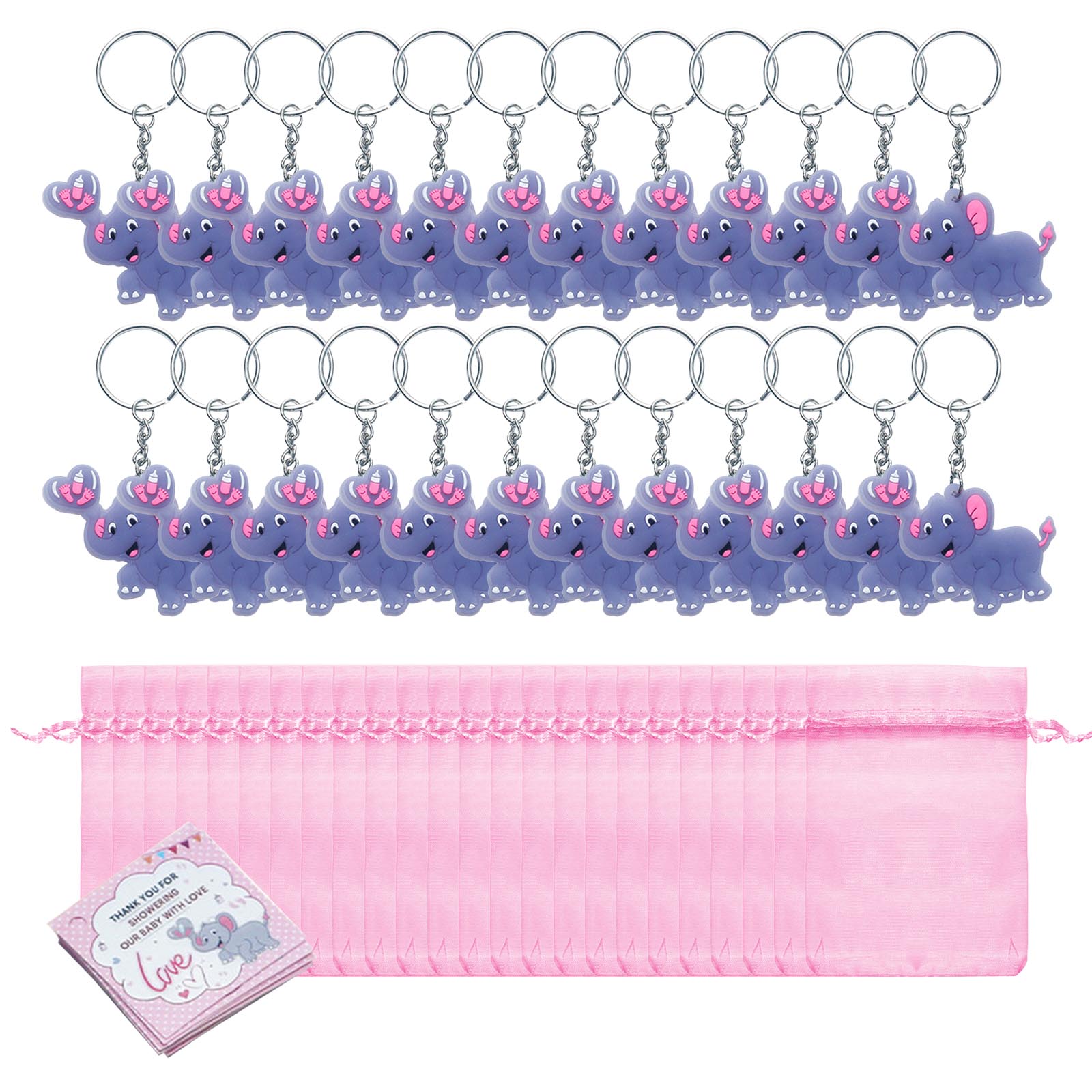 Брелки в виде слонов оптом 24 шт. Украшения для детского душа с мешочком из органзы — фото 9