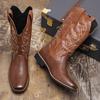 Men's Size 48 Leather High-Top Boots - Retro Cowboy Style for Spring, Autumn, and Winter