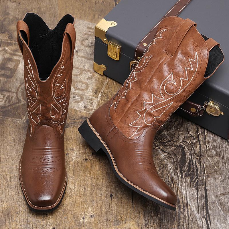 Men's Size 48 Leather High-Top Boots - Retro Cowboy Style for Spring, Autumn, and Winter