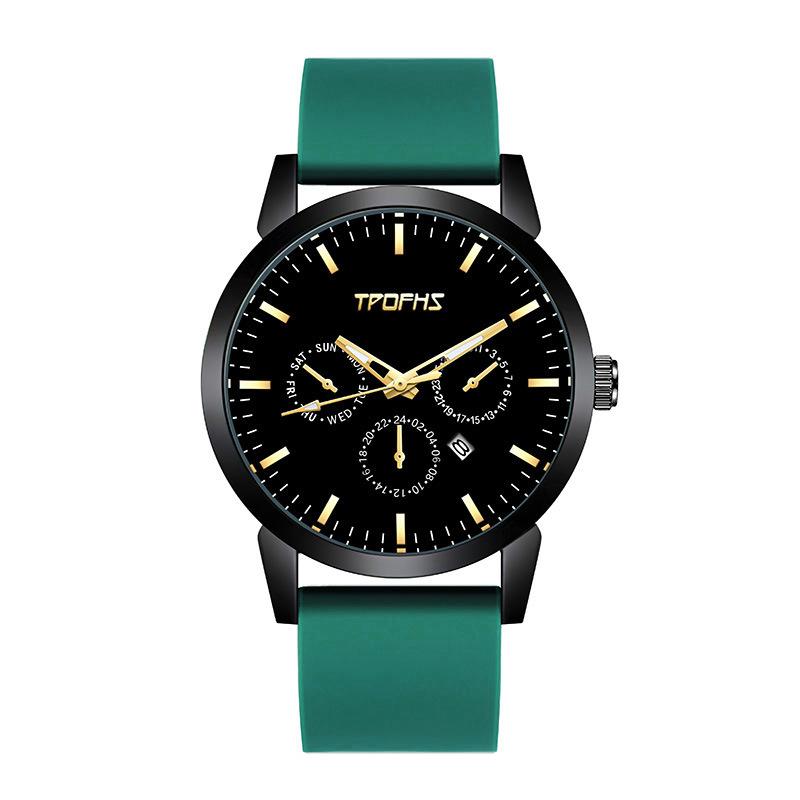 

Gj082 Мужские водонепроницаемые часы Повседневный стиль Кварцевый механизм Календарь Ремешок Силикон зелёный