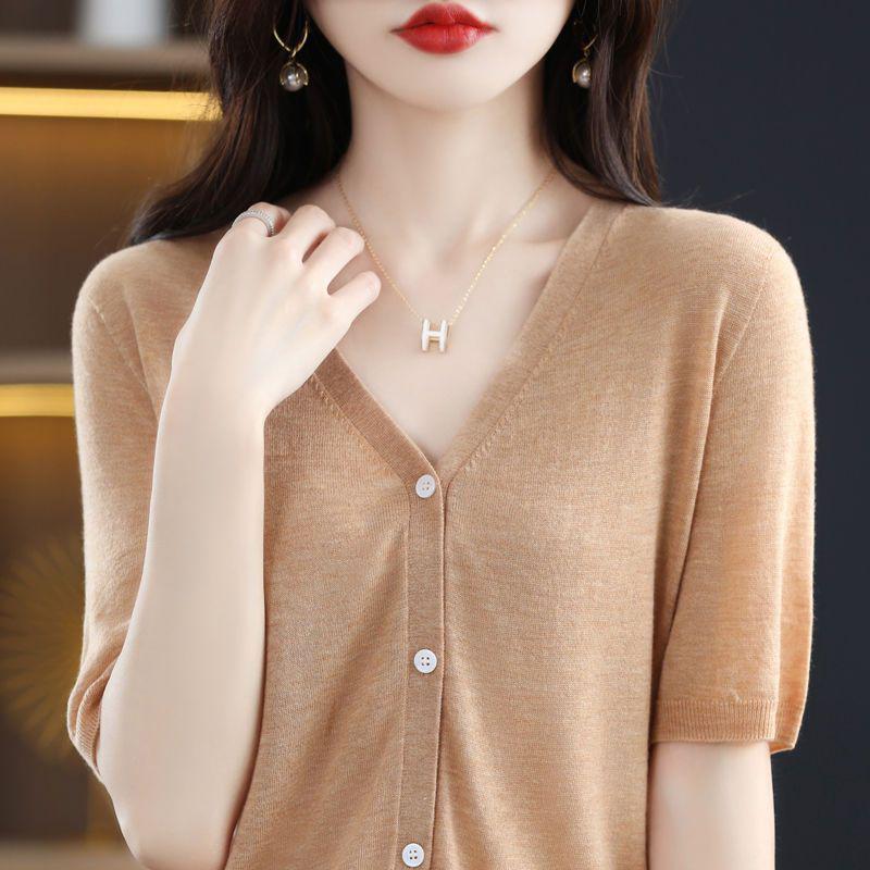 

Trendy Plus Size Short Sleeve Knit Cardigan - Women s Summer Ice Silk Button-Front Top S (90-100 lbs)