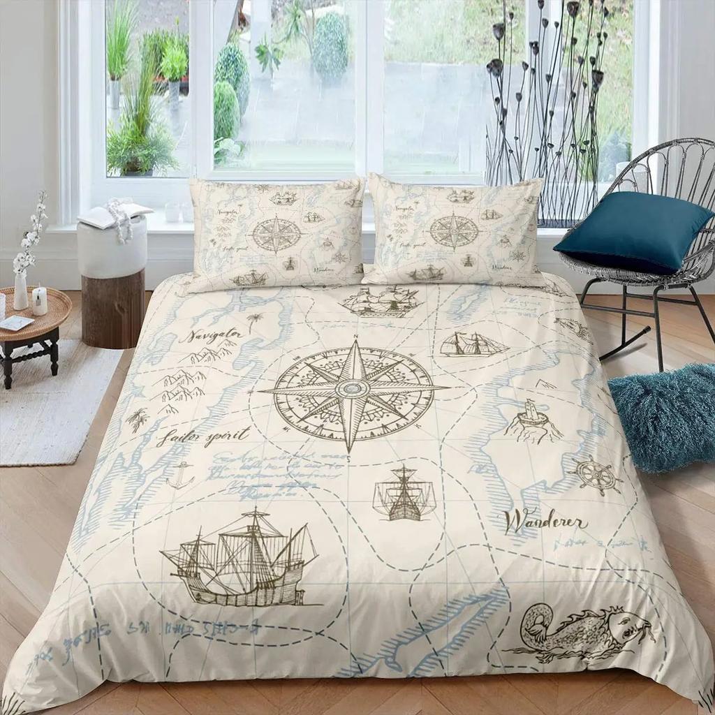 Compass Telescope Duvet Cover Set Navigation Theme Polyester Comforter CoverTwin Size For Kids Boys Girls Bedding Set
