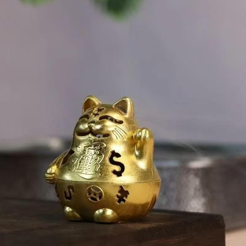 Lucky Wealth Cat Incense Burner Golden Feng Shui Good Luck Home/Office Decor With Prosperity Symbols Meditation Accessory