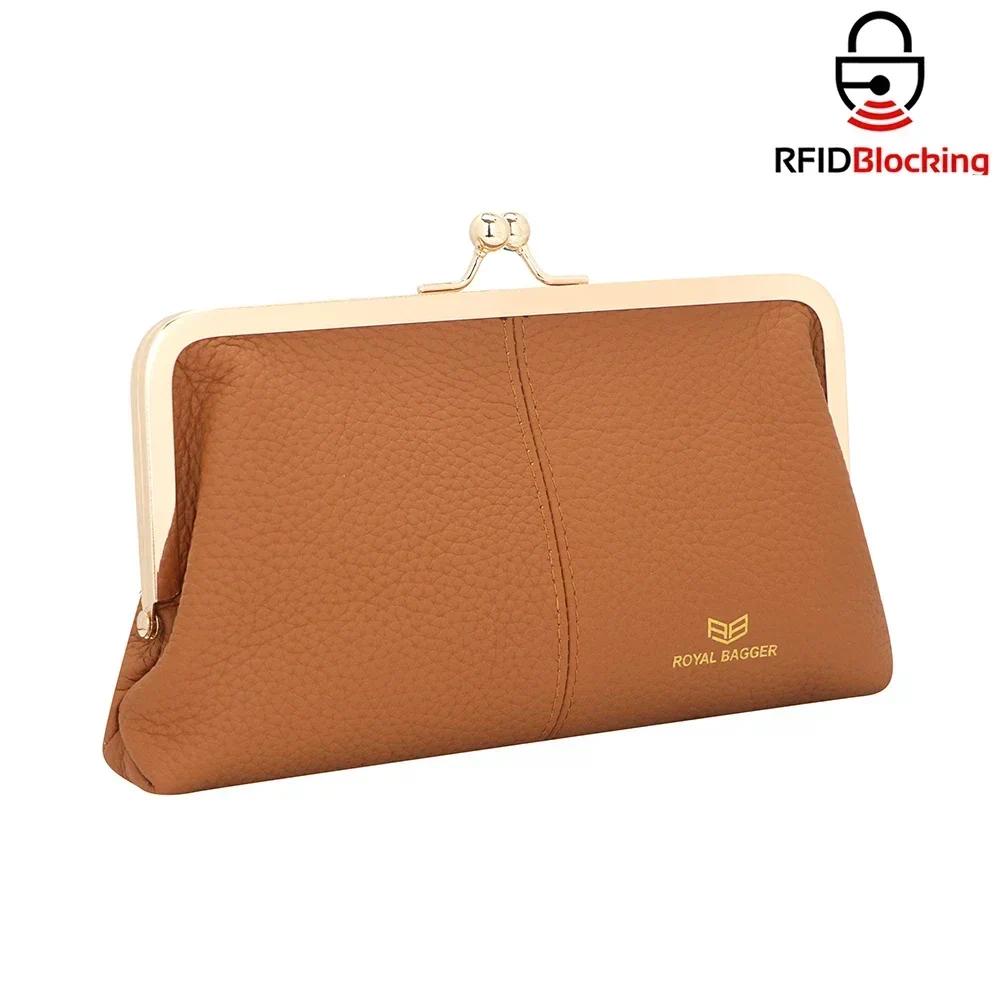 

Royal Bagger RFID Kiss Lock Wallet, Solid Color Multi-card Slots Card Holder, Genuine Leather Clutch Purses for Women 1468 коричневый