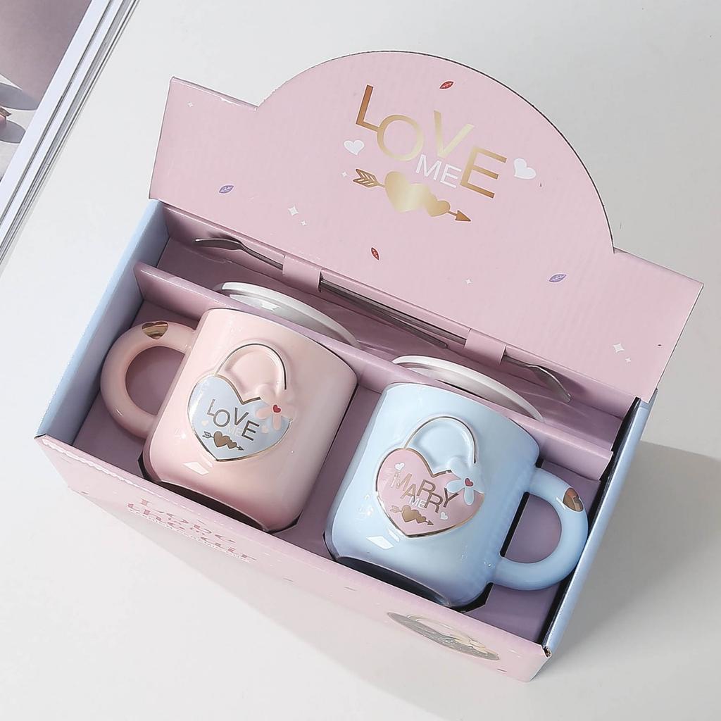 Creative Heart Shaped Lockhead Couple Cups Ceramic Cups with LIDS  Spoons High Appearance Level  Gift Mugs  High End Gift Box Set