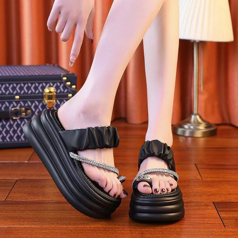 Fashion Women Summer Bling Chunky Slippers High Platform Flip Flops 7.5CM Wedge Heels Slides Sweet Girl Sandals Open Toe Beach Slippers