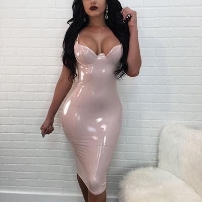 Neue Frauen Sexy Party Club Kleid Neue Robe Femme PU Kleid Latex Glänzend Sexy Bodycon Midi Kleid